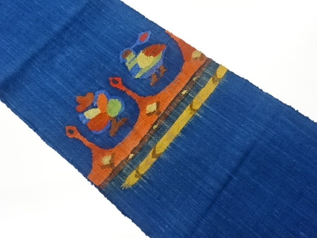 リサイクル　手織り真綿紬抽象鳥・花模様織出し名古屋帯